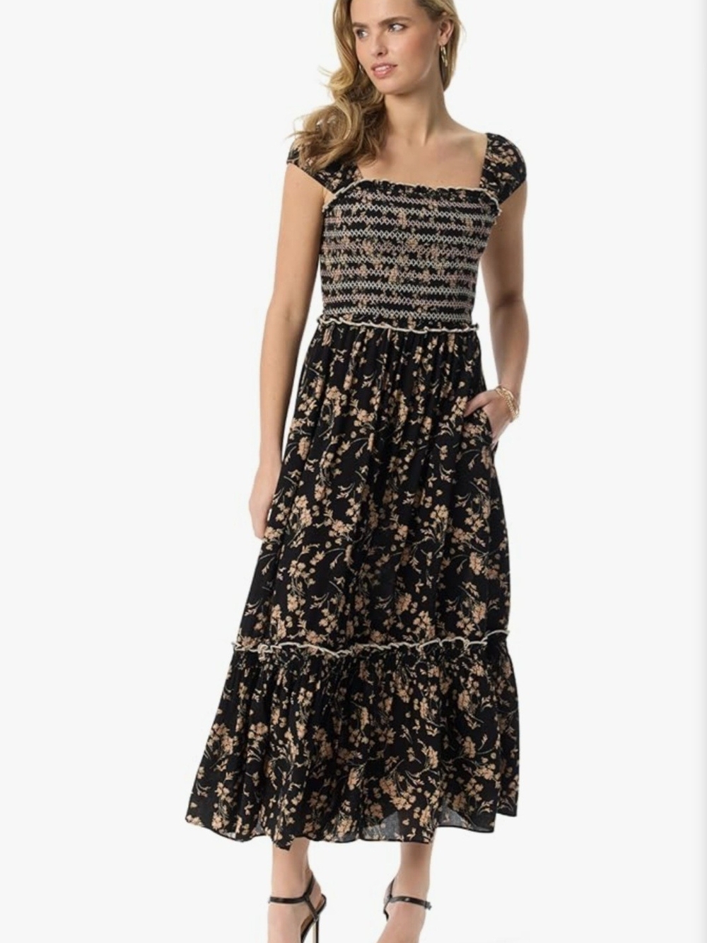 Jessica Simpson Black Floral Smocked Maxi with Beige Print